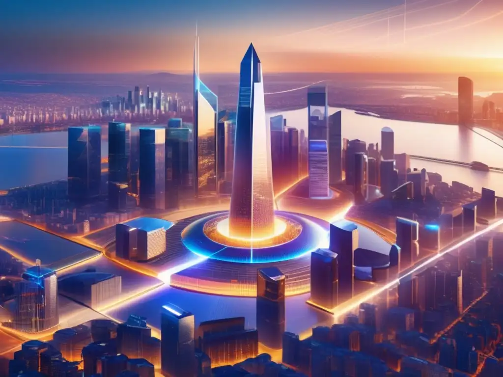 Futurista ciudad fintech con IA Impacto IA en Fintech: Futurista ciudad financiera con rascacielos, red digital y mano holográfica