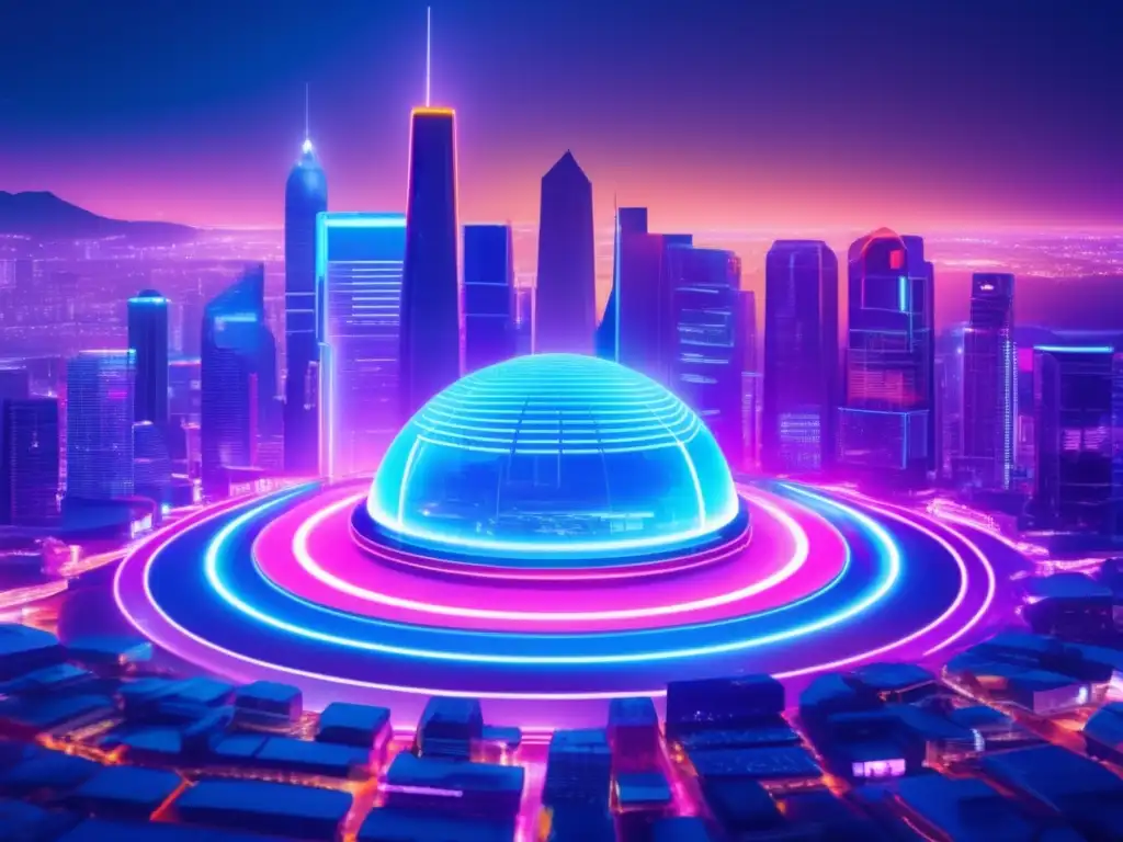 Ciudad futurista con IA y ciberseguridad Impacto IA en Fintech: Futurista ciudad nocturna, cúpula de ciberseguridad, IA analizando transacciones financieras