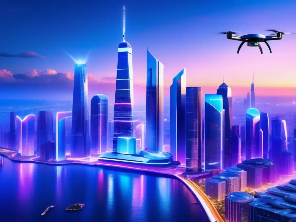 Ciudad futurista con IA y fintech Impacto IA en Fintech: Futurista ciudad con rascacielos, IA, drones y tecnología financiera