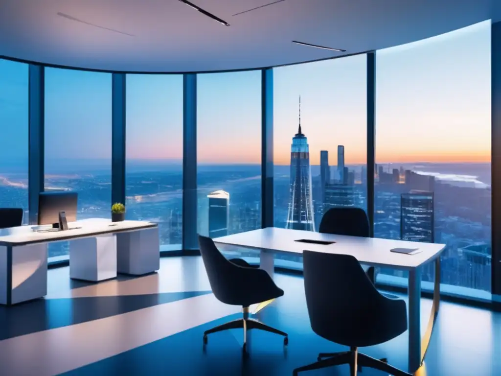 Oficina futurista con IA Impacto IA en Fintech: Oficina futurista con profesionales usando tecnología avanzada