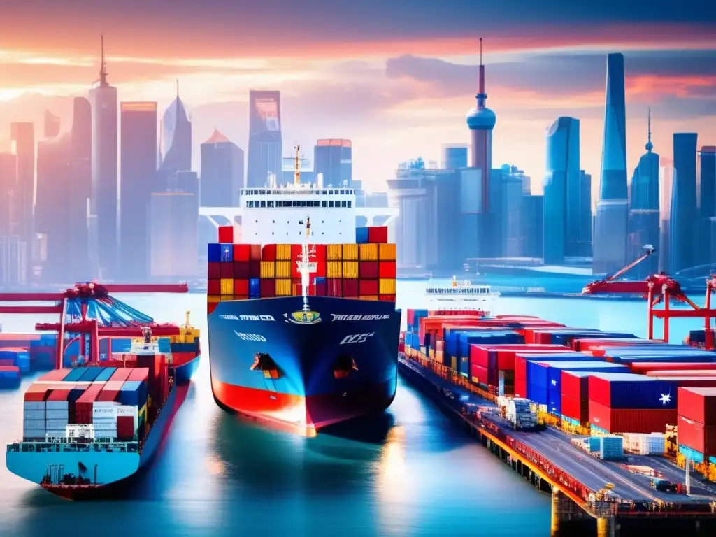 Escena de comercio global en ciudad futurista Impacto Guerras Comerciales en Inversión Internacional: escena de comercio global con barco, ciudad futurista y datos económicos