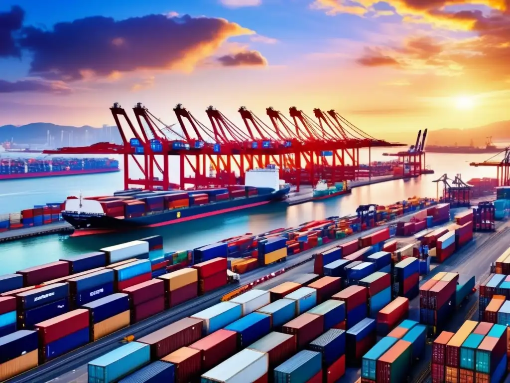 Escena de comercio global en puerto internacional Impacto Guerras Comerciales: Puerto global, comercio y consecuencias inversiones internacionales