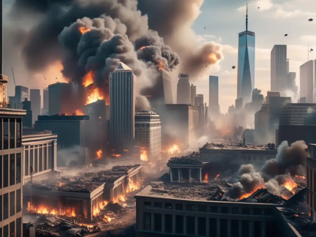 Devastador impacto de guerra en mercados financieros Impacto de guerras en mercados financieros: devastación en una ciudad con rascacielos destruidos, inversores preocupados discuten su impacto