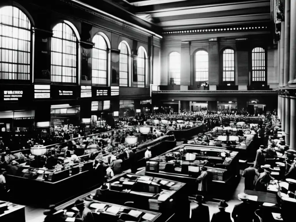 Bolsa de valores en la Gran Depresión Impacto de guerras en mercados financieros: una imagen histórica que refleja la volatilidad y caos en la bolsa de valores durante la Gran Depresión
