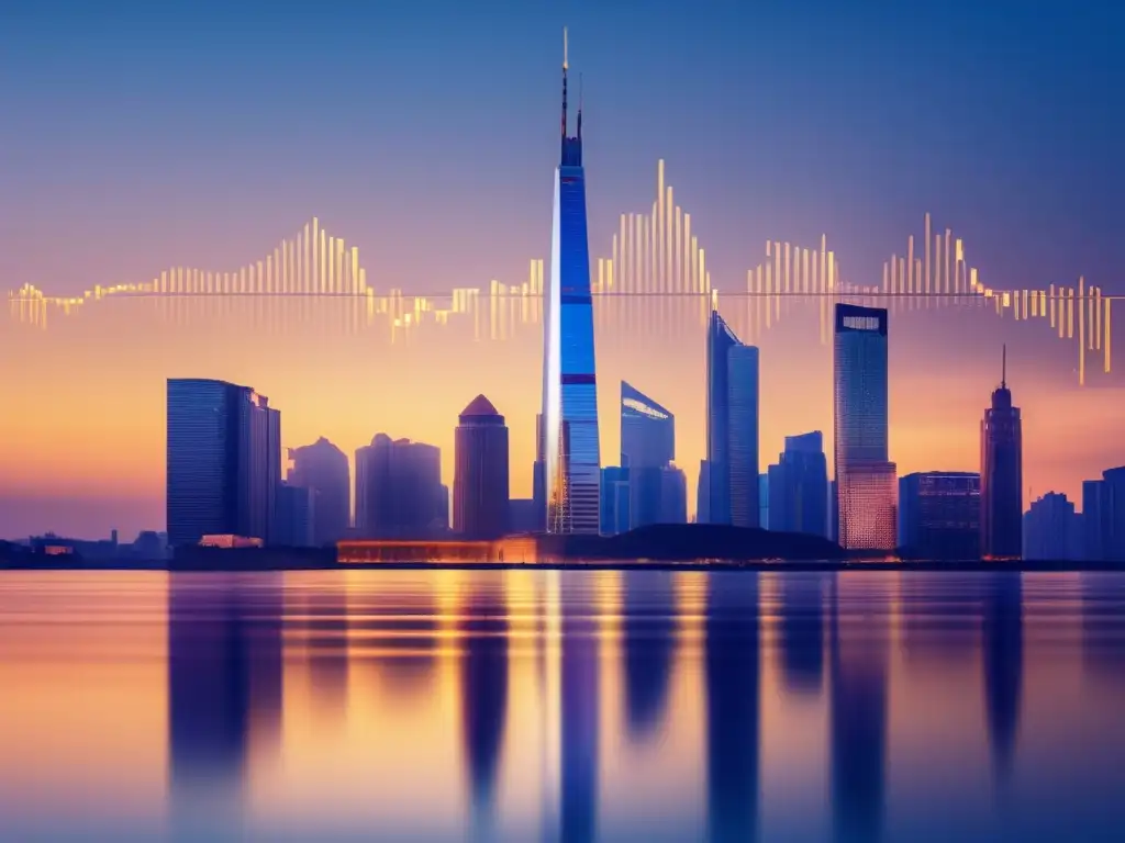 Cityscape at dusk: reflections, river, stock market graph Impacto de guerras en mercados financieros: ciudad moderna, río sereno, gráfico de mercado y arquitectura diversificada
