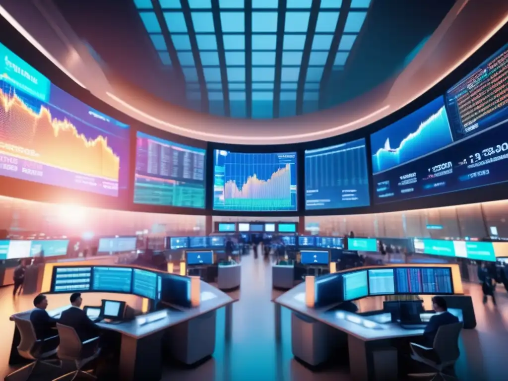 Escena de la bolsa de valores moderna Impacto guerras en mercados financieros: imagen 8k detallada de una bulliciosa bolsa, con traders, pantallas y ambiente futurista