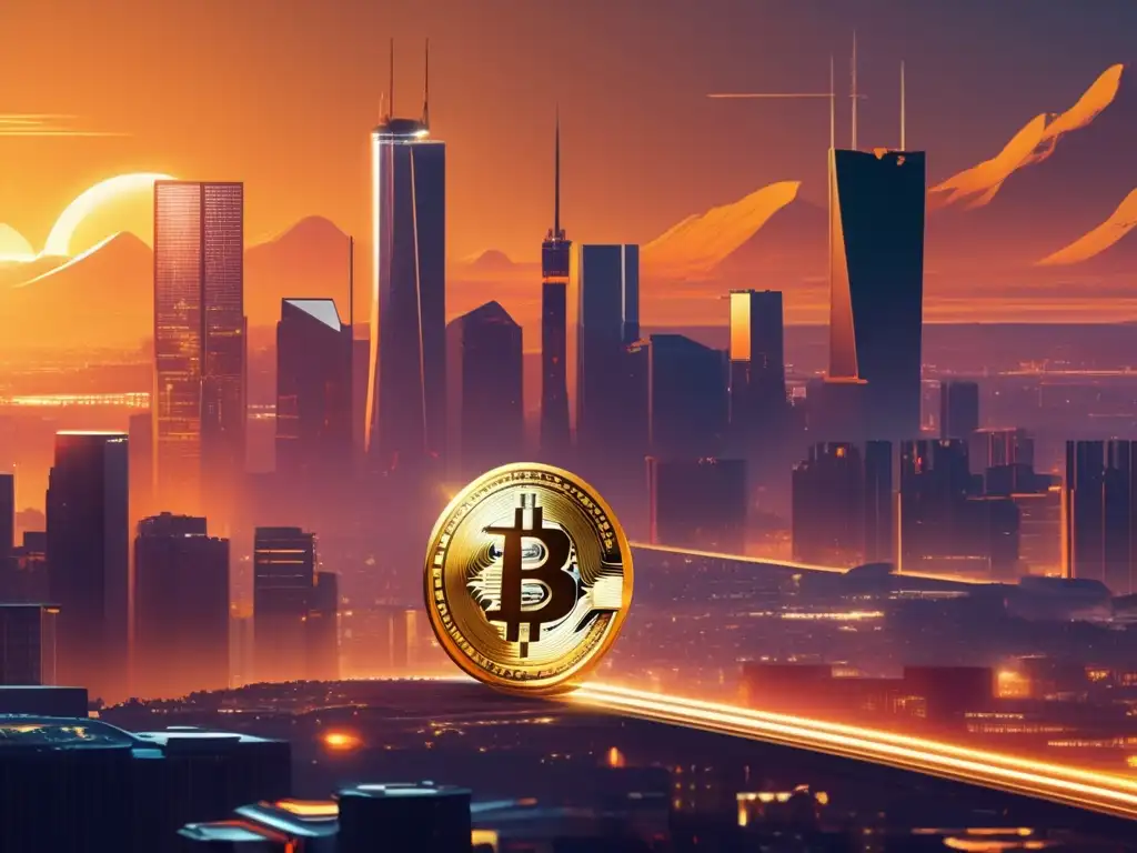 Futurista ciudad con rascacielos y mineros trabajando Impacto Halving Bitcoin Minería Mercado: Futurista ciudad con rascacielos, billboards digitales y mineros trabajando arduamente