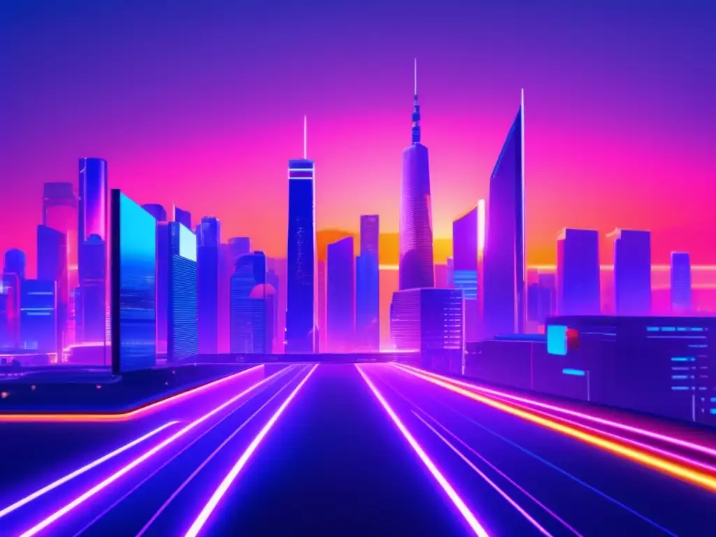 Futurista ciudad con rascacielos, IA y altcoins Impacto de IA en Altcoins: Futurista ciudad con rascacielos, luz neón y símbolos de altcoin en cartelera
