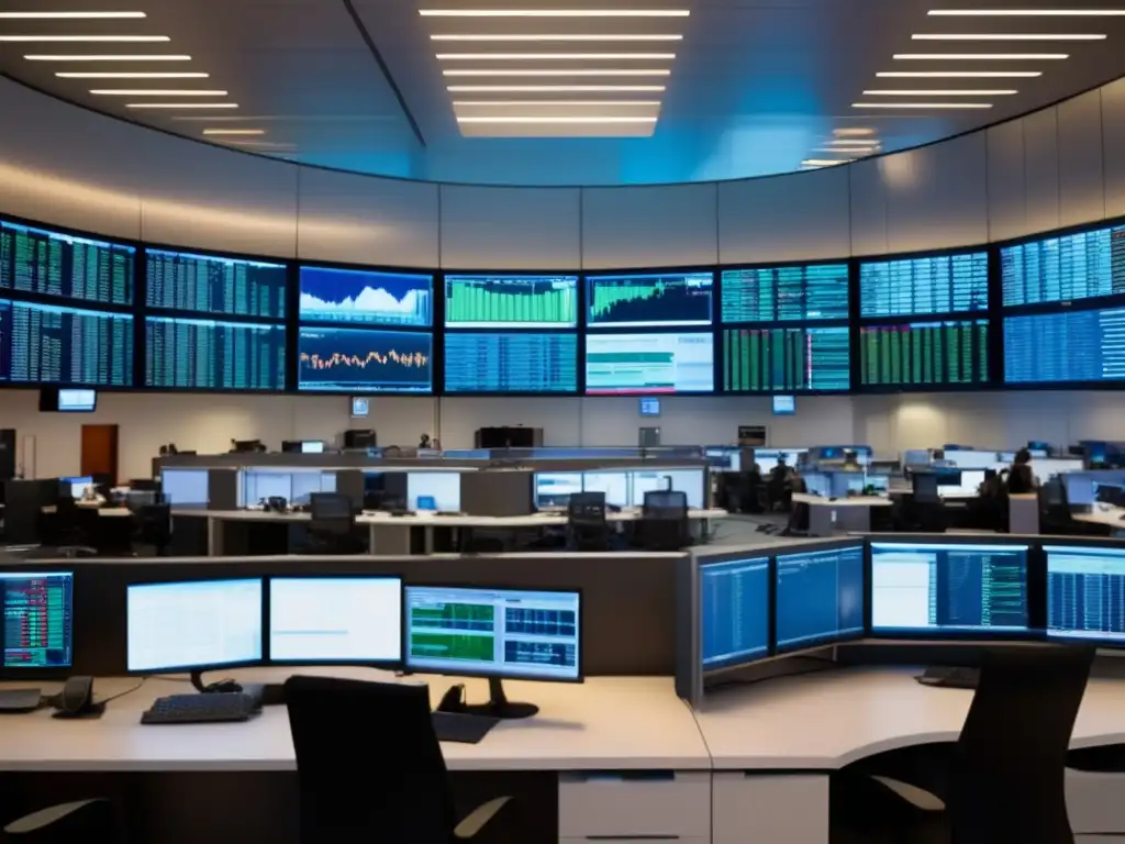Oficina de trading con pantalla VIX Impacto del Índice de Volatilidad CBOE (VIX) en estrategia de inversión - Oficina moderna con traders enfocados en gráficos y el VIX en pantallas