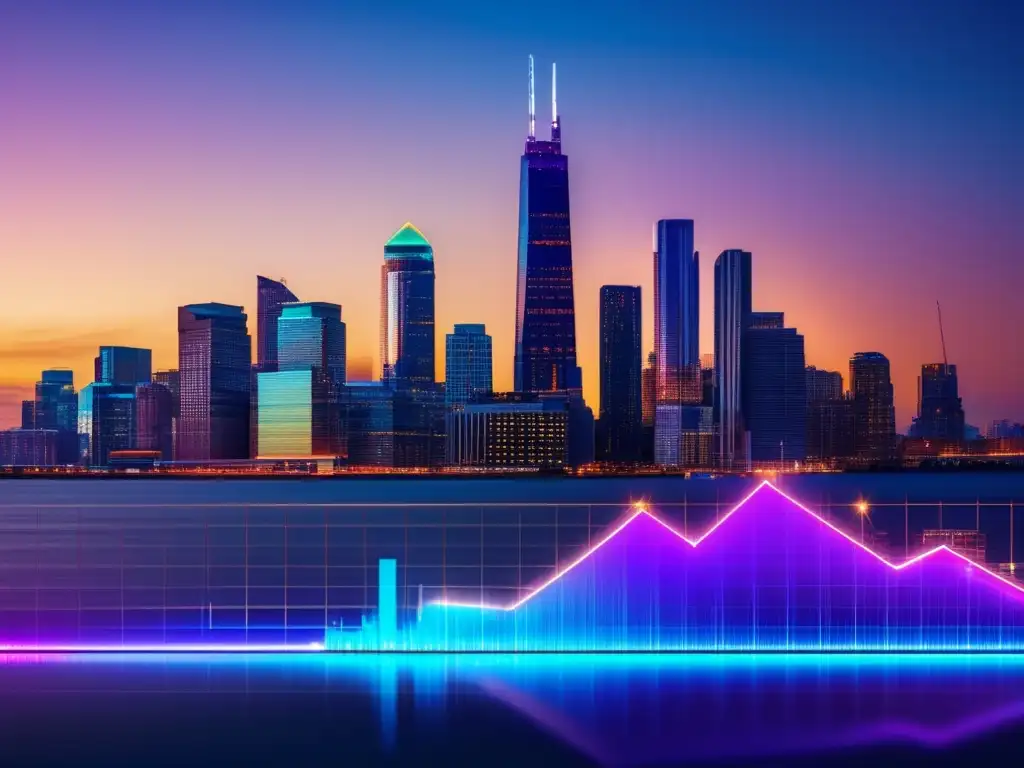 Ciudad moderna iluminada con gráfica de volatilidad Impacto del Índice de Volatilidad CBOE (VIX) en estrategia de inversión - Ciudad moderna al atardecer con rascacielos iluminados y gráfico del VIX