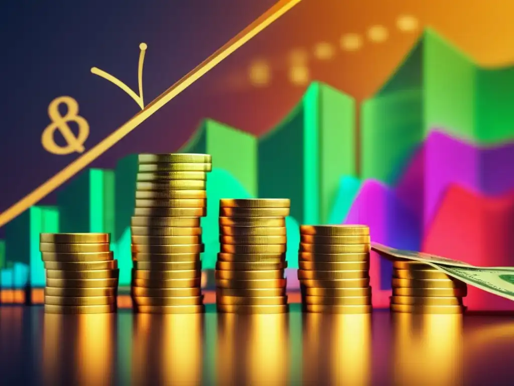 Inversión y crecimiento financiero Impacto inflación fiscalidad inversión: Imagen 8k detallada de escala dorada equilibrando dinero y gráfico de inflación