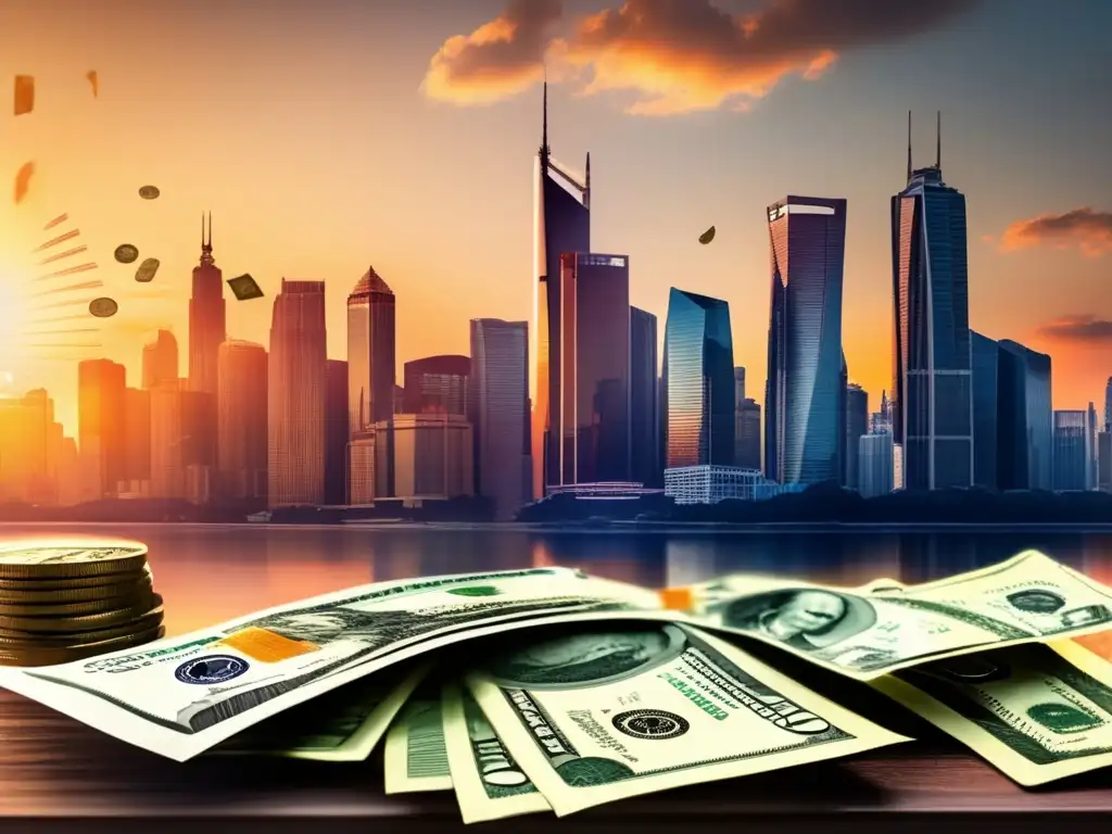 Ciudad moderna y dinero depreciado Impacto inflación en inversiones: ciudad al atardecer, rascacielos iluminados, dinero deteriorándose, gráfico de poder adquisitivo en descenso