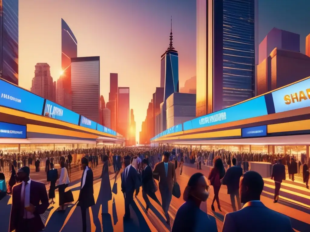Ciudad vibrante al atardecer, simbolizando la inflación en inversiones Impacto de la inflación en inversiones: Ciudad moderna con rascacielos, gente y billboards LED