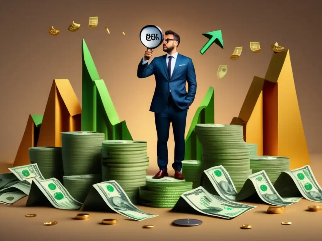 Persona analizando la inflación y la inversión Impacto inflación fiscalidad inversión: persona con lupa en montaña de dinero, símbolos inflacionarios y colores vibrantes