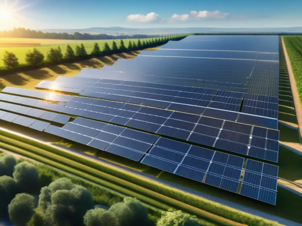 Solar power plant: tecnología renovable y eficiente Impacto de innovaciones tecnológicas en inversiones renovables: planta solar futurista con paneles brillantes, paisaje verde y cielo azul