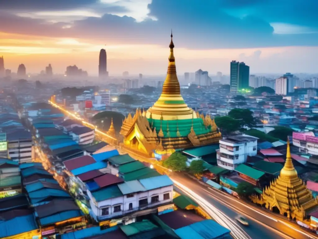 Calle bulliciosa en Yangon, Myanmar Impacto de Myanmar en inversiones: Ciudad de Yangon, vibrante y moderna, muestra la promesa de crecimiento y oportunidad en su paisaje urbano