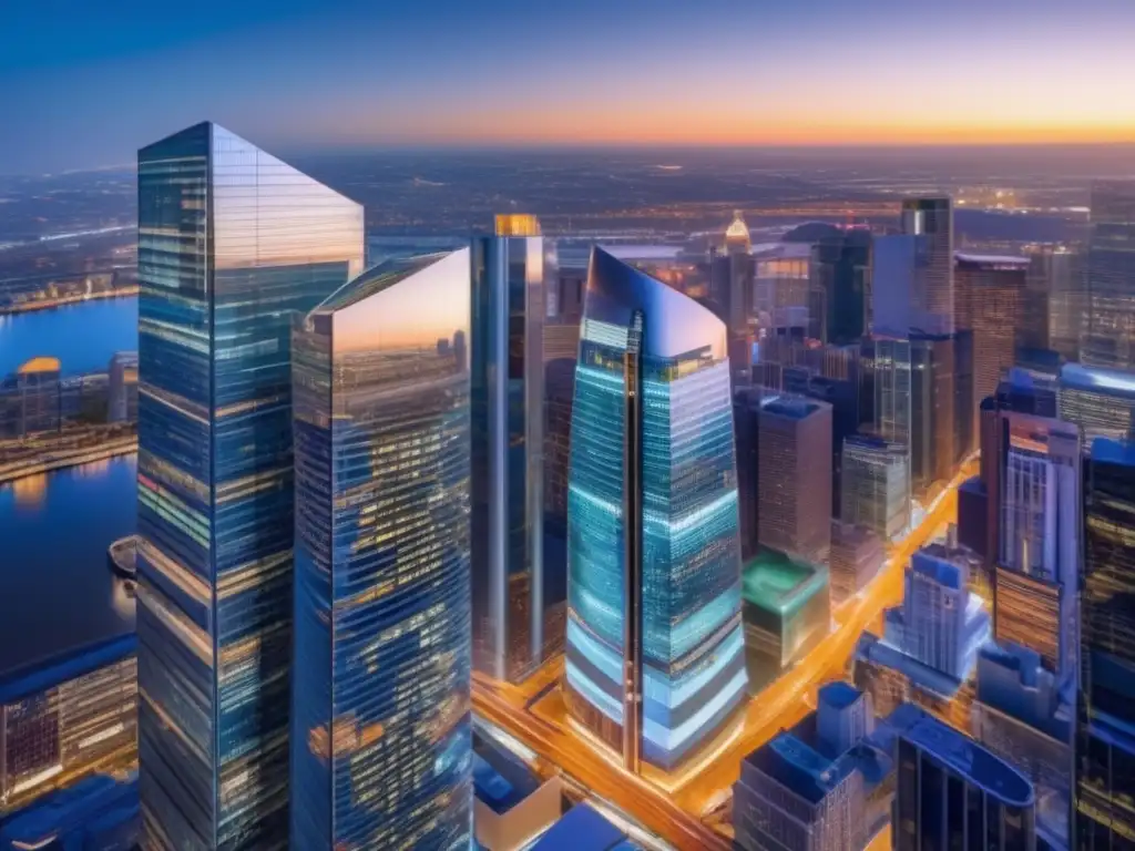 Impacto de la legislación en REITs Impacto legislación REITs inversiones: ciudad dinámica reflejada en rascacielos modernos