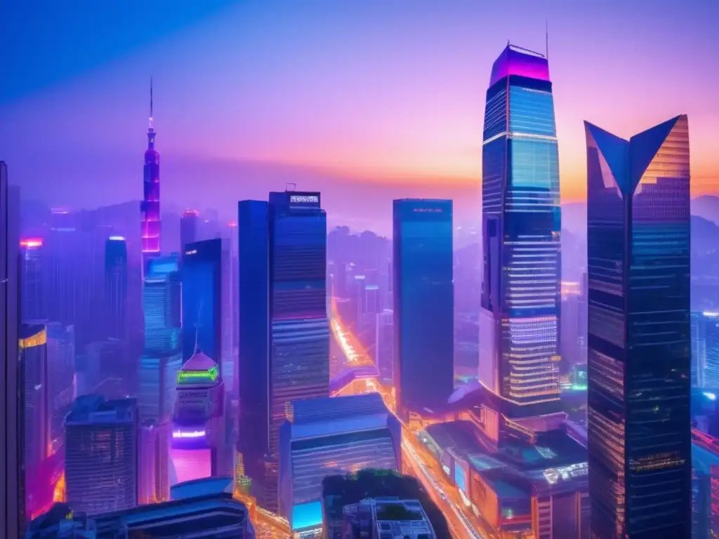 Vibrante distrito financiero asiático al anochecer Impacto inversiones Asia: distrito financiero asiático lleno de dinamismo y energía, reflejando las tensiones políticas y oportunidades de inversión
