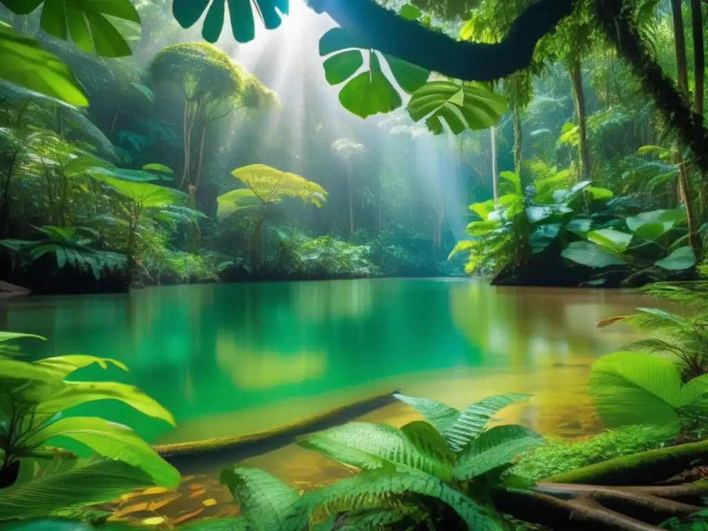 Ecosistema vibrante y diverso Impacto de la biodiversidad en las inversiones: Ecosistema vibrante con selva tropical, río serpenteante, aves exóticas, montañas majestuosas