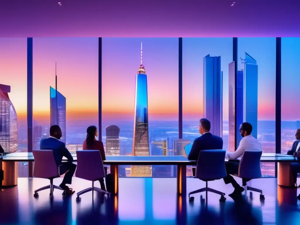 Ciudad moderna y vibrante con profesionales discutiendo inversiones éticas Impacto inversiones éticas en moderna ciudad al atardecer con profesionales discutiendo estrategias e información financiera