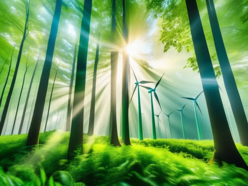 Bosque verde con energía renovable Impacto inversiones éticas: bosque verde vibrante, luz solar, árboles majestuosos, energía renovable, molino de viento, naturaleza, sostenibilidad