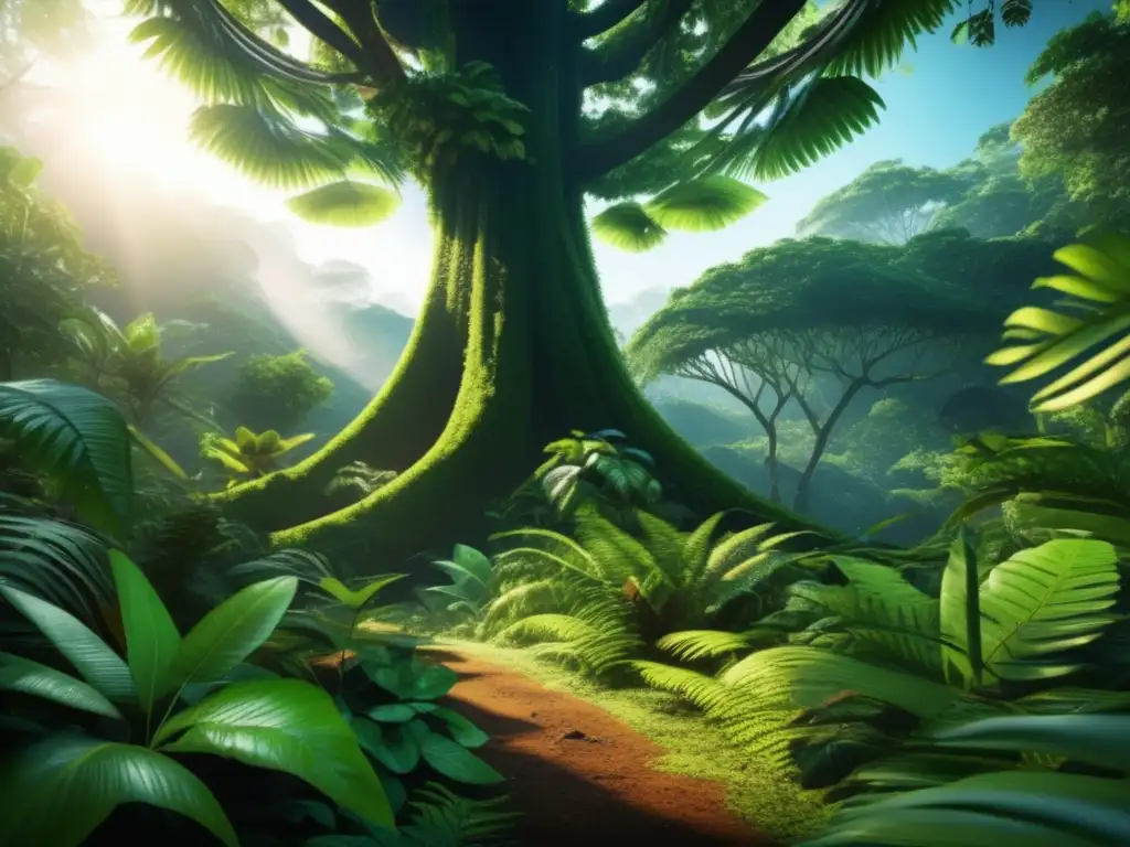 Exuberante selva tropical llena de vida y diversidad Impacto biodiversidad en inversiones: Lush rainforest teeming with vibrant flora, fauna, and crystal-clear river