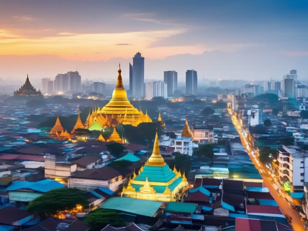 Skyline vibrante de Yangon: símbolo de desarrollo y promesa Impacto de Myanmar en inversiones: Skyline de Yangon, ciudad más grande del país, con modernos rascacielos y escena vibrante