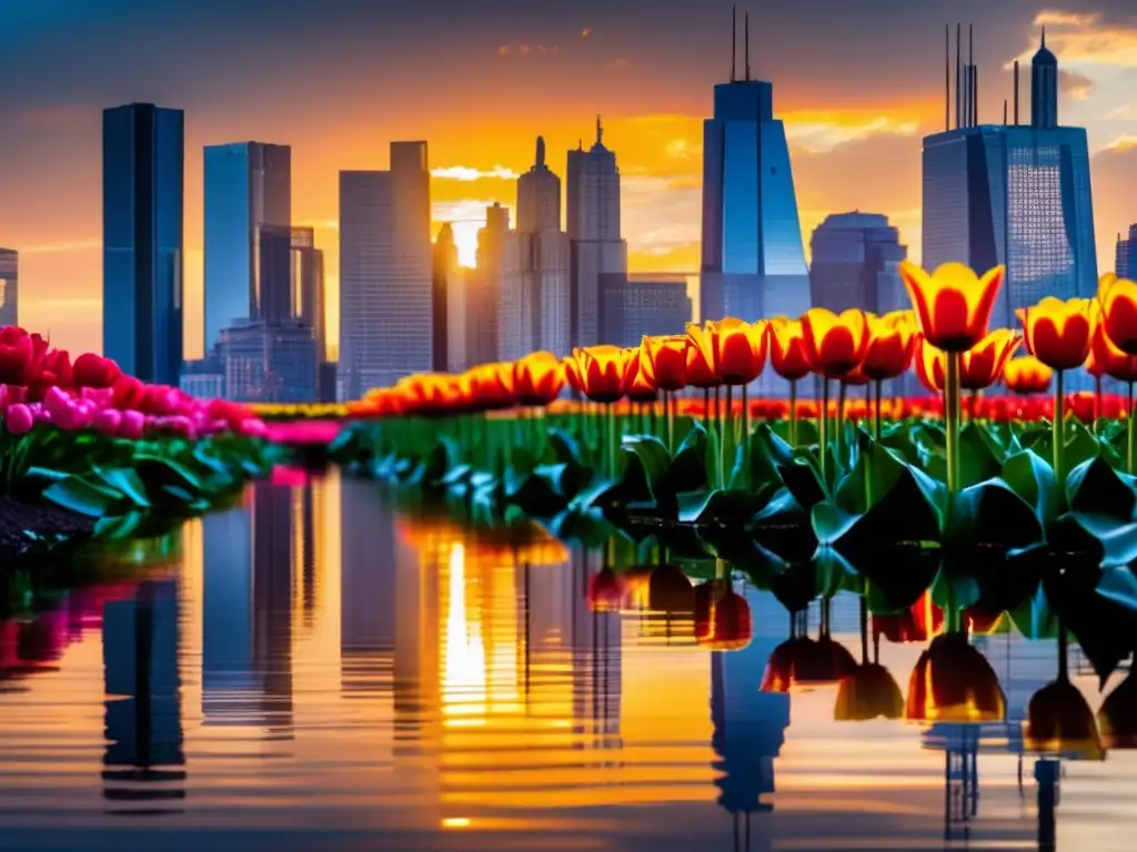 Tulipomanía y su impacto financiero actual Tulipomanía y su impacto en inversiones: skyline moderno y tulipanes simbolizan la relevancia histórica y actual