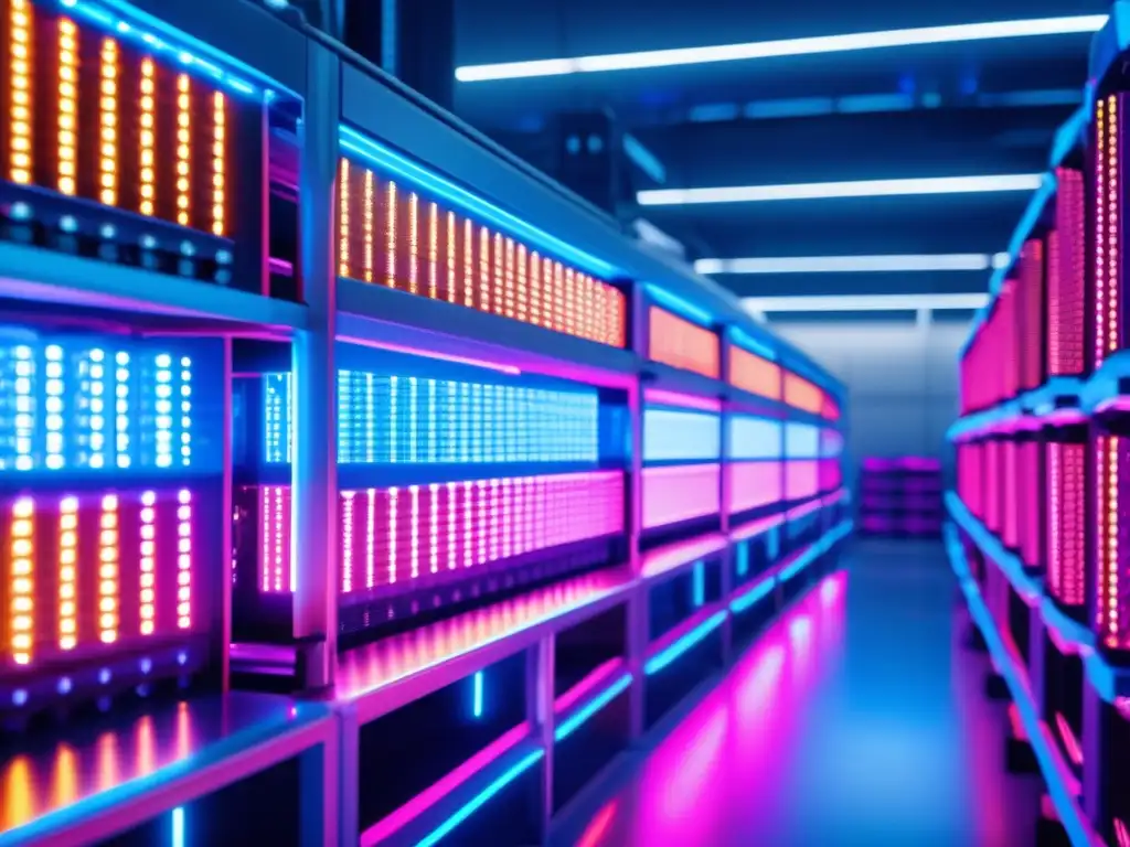 Granja minera de criptomonedas avanzada Impacto medioambiental de la minería de criptomonedas en una granja minera moderna de alta tecnología, con equipos LED y algoritmos complejos