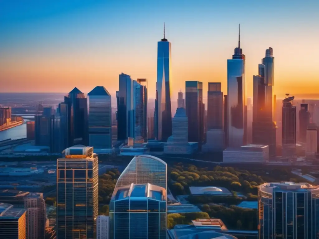 Ciudad moderna en oro y cristal Impacto mercados inmobiliarios economía local: ciudad con rascacielos modernos y energía vibrante