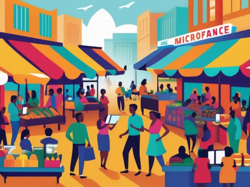 Emprendedores empoderados en mercado vibrante Impacto de microfinanzas: Emprendedores diversos en vibrante mercado, símbolo de desarrollo económico y reducción de pobreza