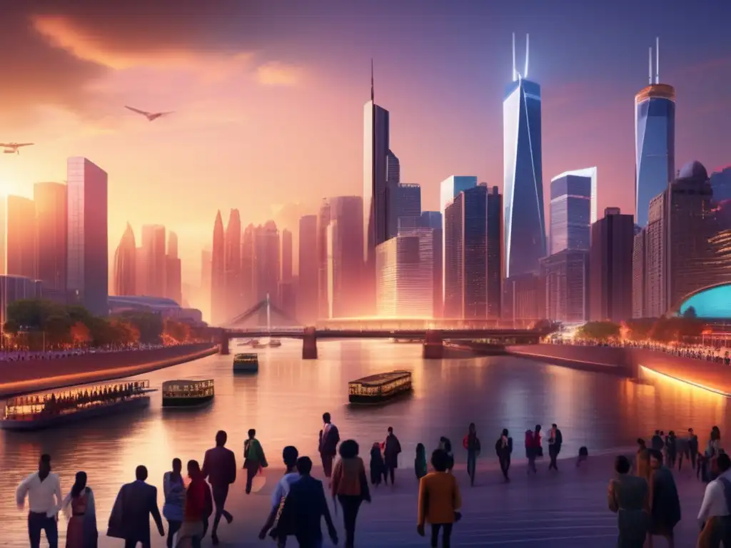 Ciudad multicultural: prosperidad y migración Impacto migratorio en inversiones y economía: Ciudad vibrante al atardecer, rascacielos, río, diversidad, prosperidad