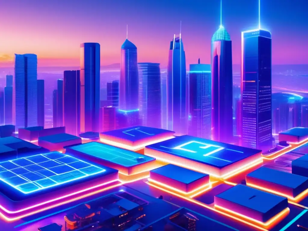 Futurista ciudad con rascacielos y criptomonedas Impacto de minería de criptomonedas en la energía global: ciudad futurista con rascacielos luminosos y red de energía vibrante