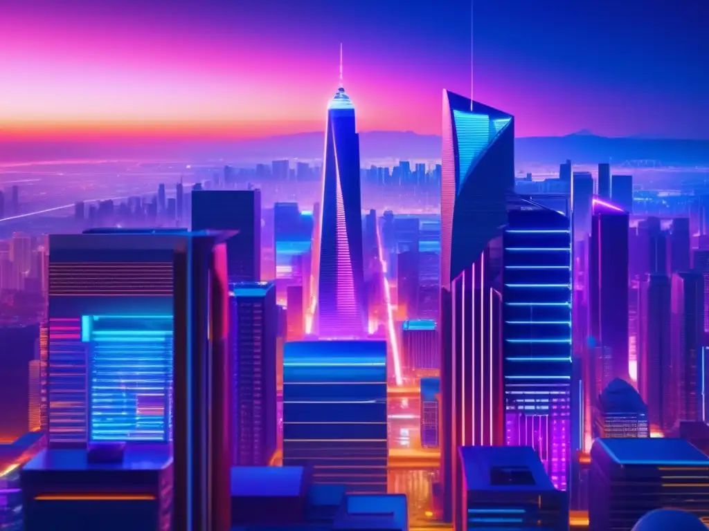Futurista ciudad nocturna con rascacielos y luces de neón Impacto de la minería de criptomonedas en la energía global: Futurista ciudad nocturna con rascacielos, luces de neón y tecnología avanzada