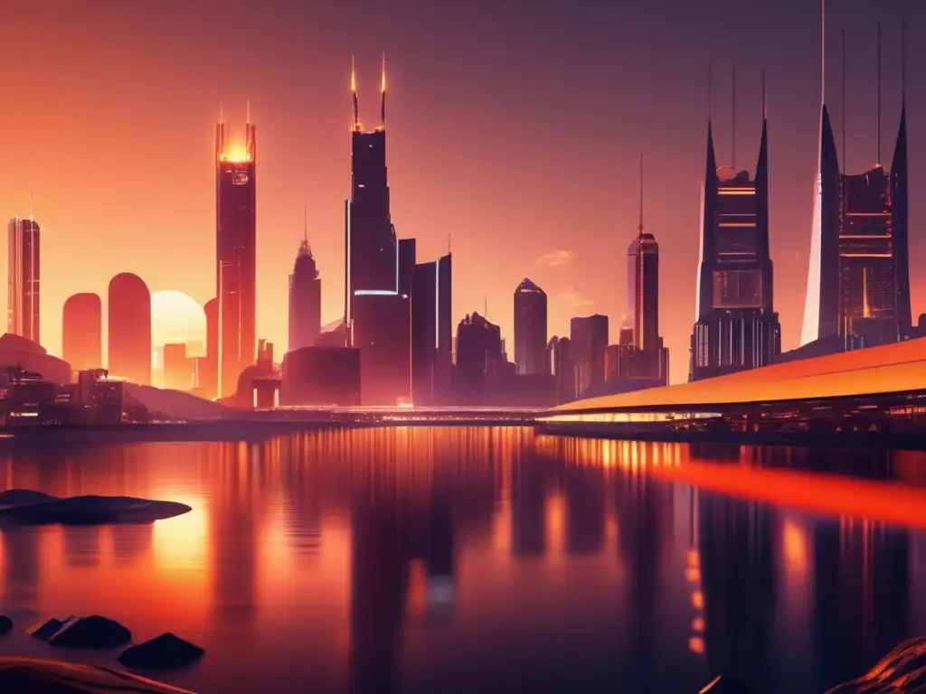 Futurista ciudad al atardecer con minero de criptomonedas Impacto de la minería de criptomonedas en la energía global: Futurista ciudad con rascacielos brillantes y una rig minera