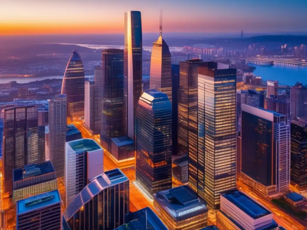 Skyline urbano moderno al atardecer Impacto legislación REITs: ciudad moderna al atardecer