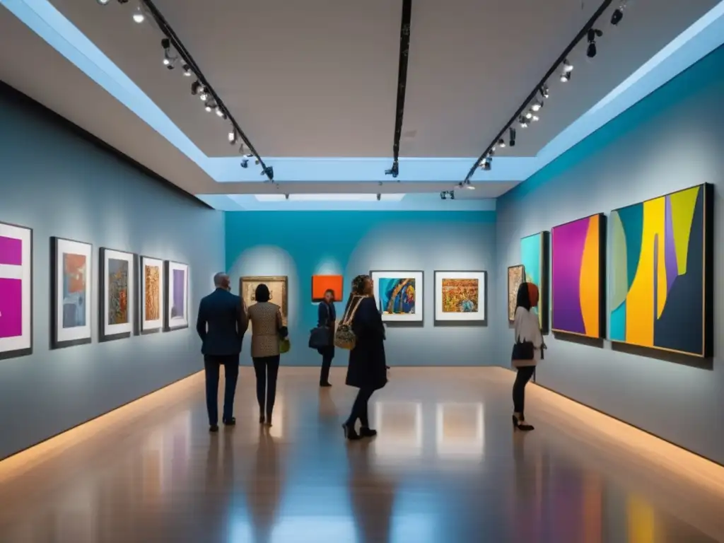 Galería de arte moderno y vibrante Impacto de museos en inversiones artísticas: galería de arte moderna con obras vibrantes y diversas, ambiente exclusivo y sofisticado