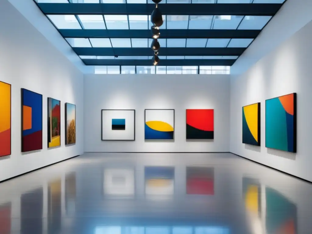 Galería de arte moderna y vibrante Impacto de museos en inversiones artísticas: galería de arte moderna con ventanas amplias y obras vibrantes en paredes blancas