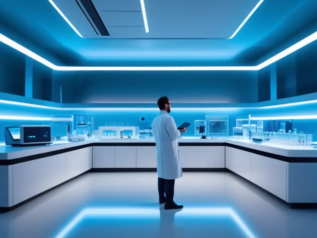 Laboratorio médico futurista con nanotecnología avanzada Impacto de la Nanotecnología en acciones salud - Laboratorio médico futurista con nanotecnología avanzada, científico manipulando nanopartículas