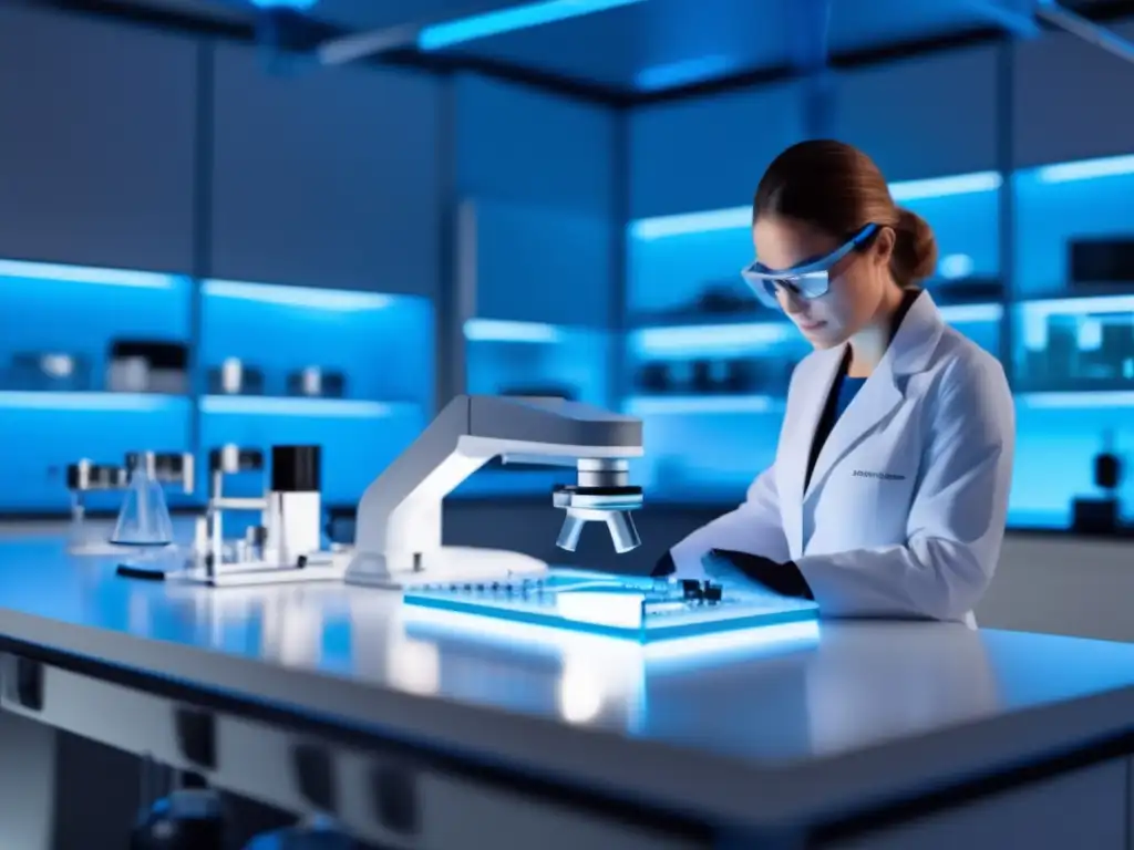 Laboratorio futurista con nanotecnología Impacto de la Nanotecnología en la salud: Laboratorio futurista con equipamiento de vanguardia, científico manipulando nanopartículas verdes