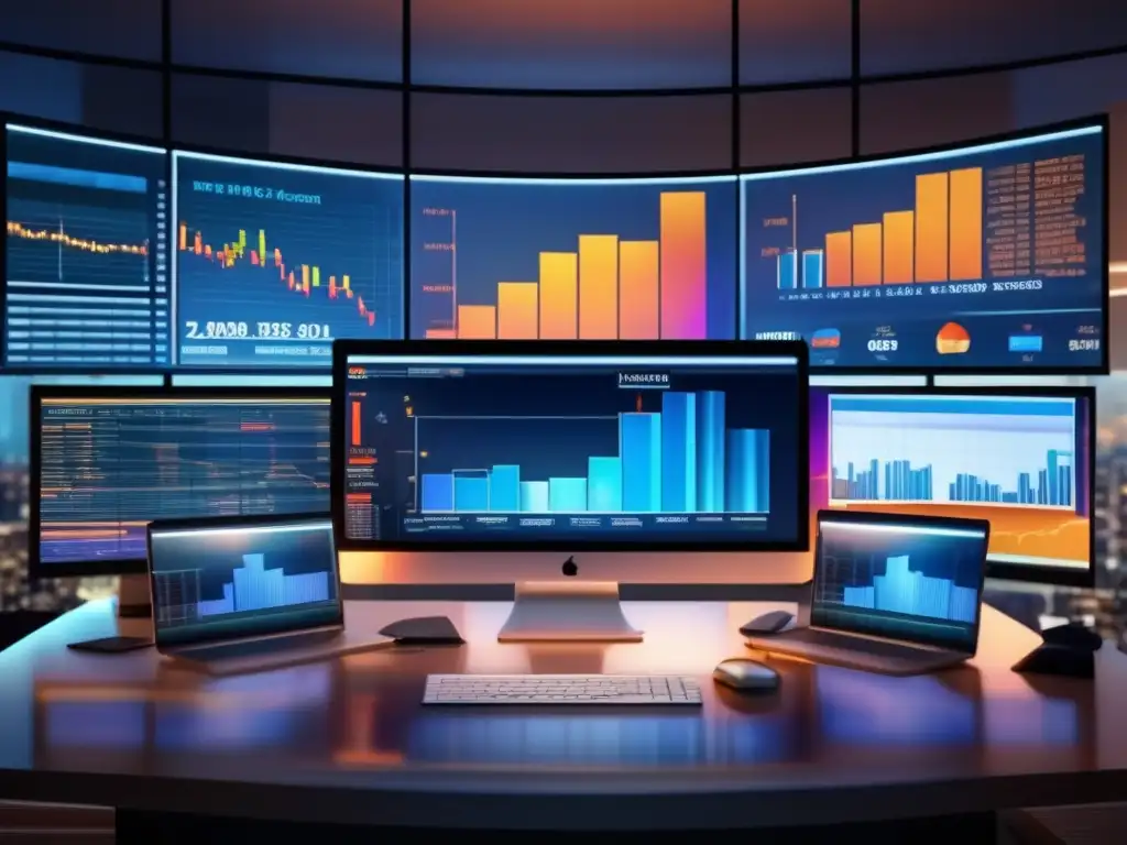 Oficina moderna con pantallas financieras Impacto de las noticias financieras en oficina moderna con múltiples pantallas mostrando datos y gráficos