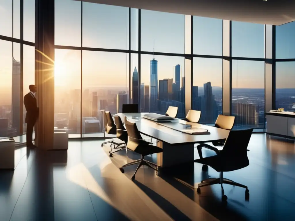 Oficina moderna con profesionales y vistas de la ciudad Impacto noticias financieras: oficina moderna, profesionales discutiendo, gráficos, periódicos, ventanales, ambiente vibrante