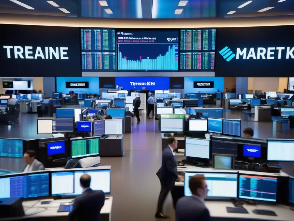 Traders en la bolsa de valores Impacto noticias mercado estudio caso: Trading floor con oficinas de vidrio, traders monitoreando datos del mercado en pantallas digitales
