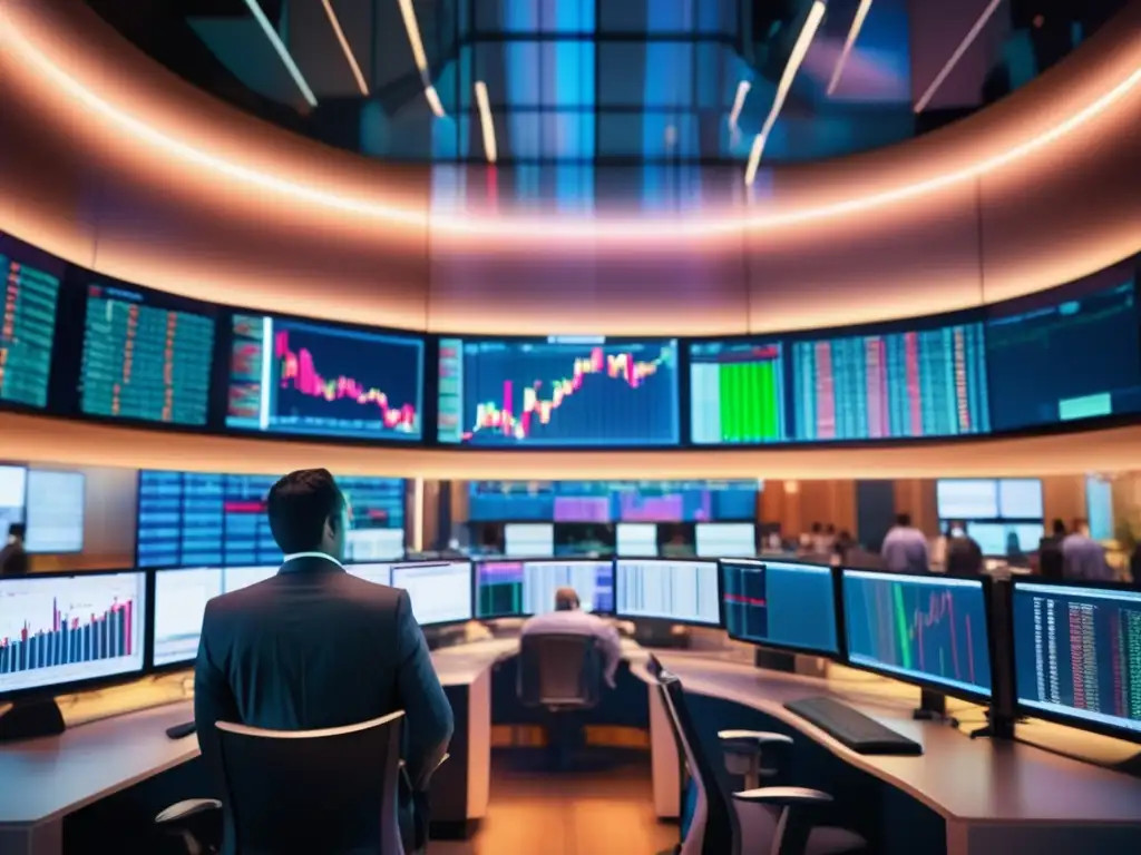 Escena futurista de mercado bursátil Impacto noticias mercado estudio caso: escena vibrante y cautivadora de bolsa con traders atentos a pantallas, gráficos holográficos y skyline urbano