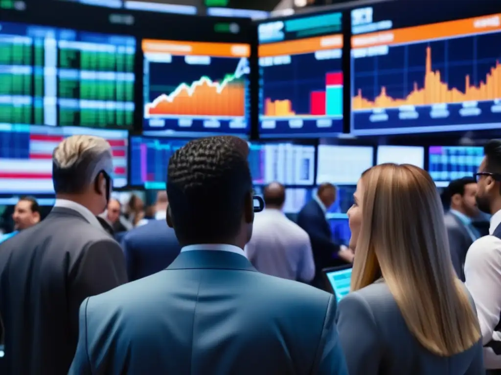 Stock market floor: Traders, screens, excitement Impacto noticias mercado estudio caso, traders en acción, diversidad global y dinamismo en la bolsa de valores