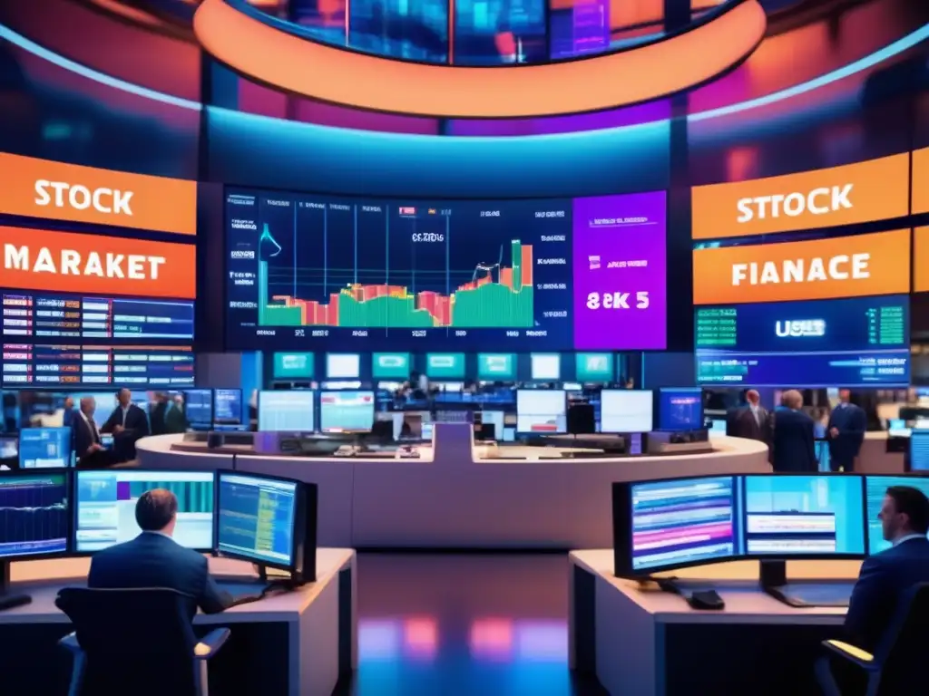 Piso de bolsa lleno de energía Impacto noticias mercado estudio caso: imagen 8k detallada de una bulliciosa bolsa de valores con traders en trajes, monitores y energía intensa