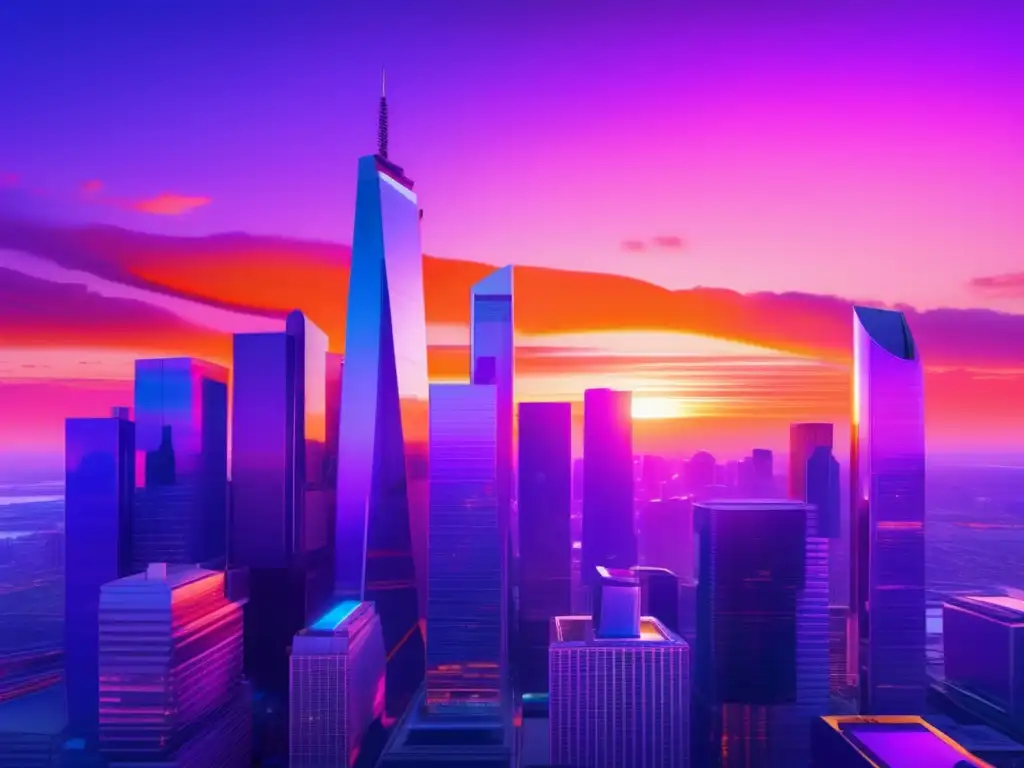 Distrito financiero moderno con rascacielos futuristas y vibrante atardecer Impacto pandemias en mercados financieros, moderno distrito financiero con rascacielos futuristas y vibrante puesta de sol