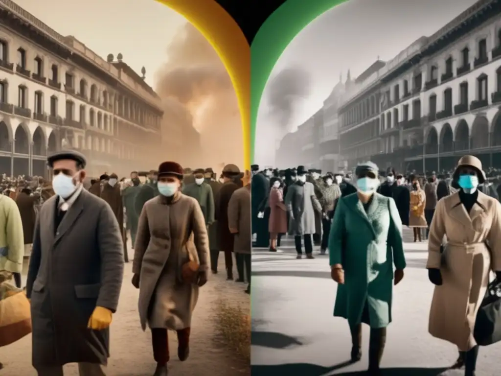 Comparación pandemia: Gripe Española vs Impacto pandemias en mercados financieros: Comparativa visual Spanish Flu y COVID19, medidas sanitarias, economía y decisiones empresariales