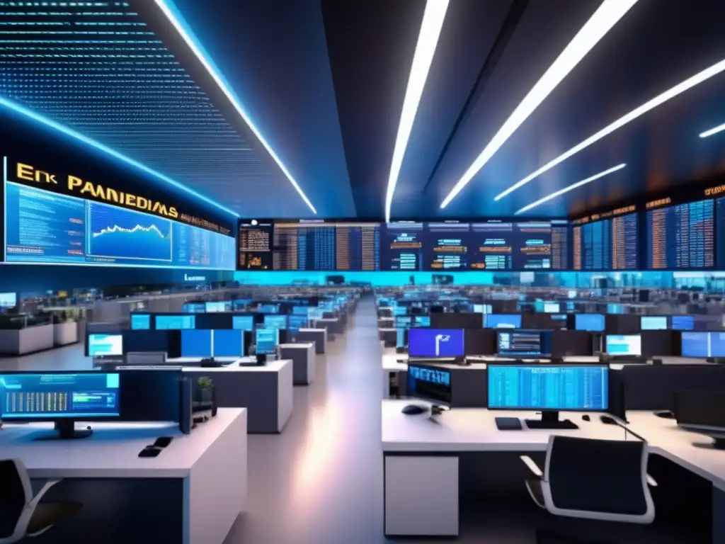 Traders en piso bursátil futurista Impacto pandemias en mercados financieros: Futuro trading floor con monitores, trajes profesionales, conversaciones intensas y decisiones rápidas