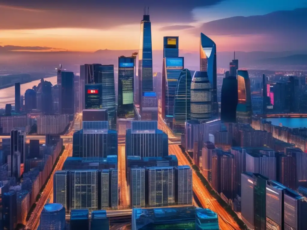 Política y finanzas: Ciudad moderna al atardecer Impacto de la política internacional en fondos de inversión en una imagen de ciudad moderna, vibrante y sofisticada